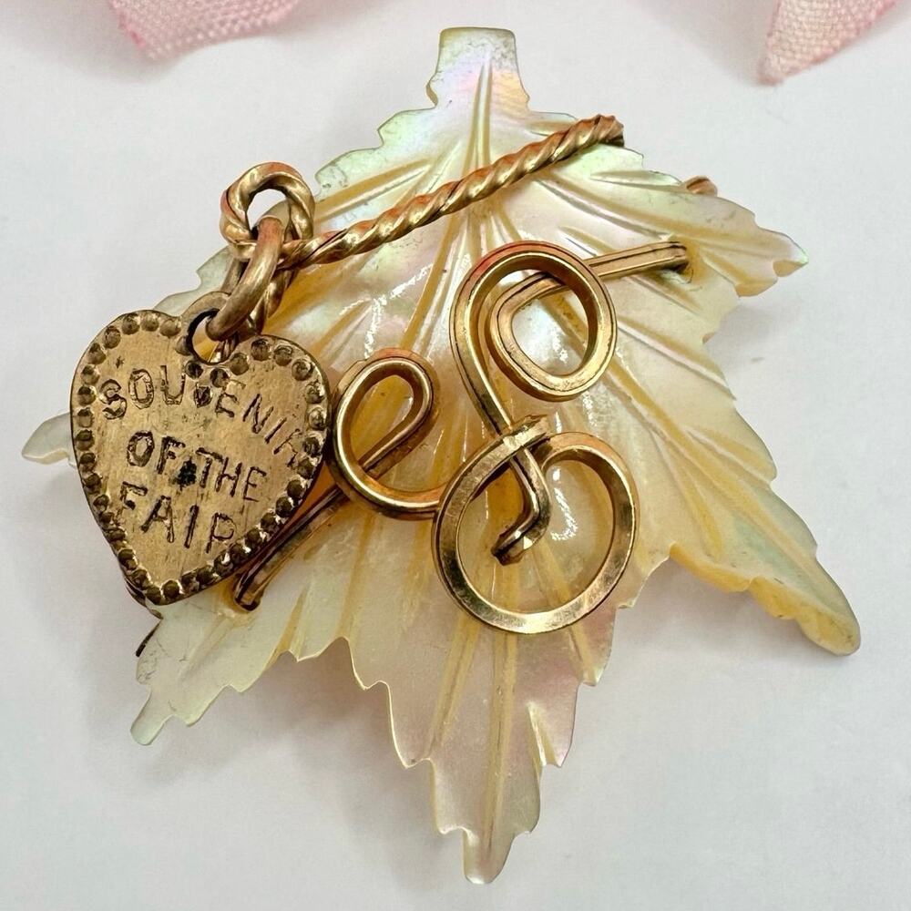 Vintage Carved MOP Leaf Pin Wirework Heart Charm Souvenir Of The Fair Engraved